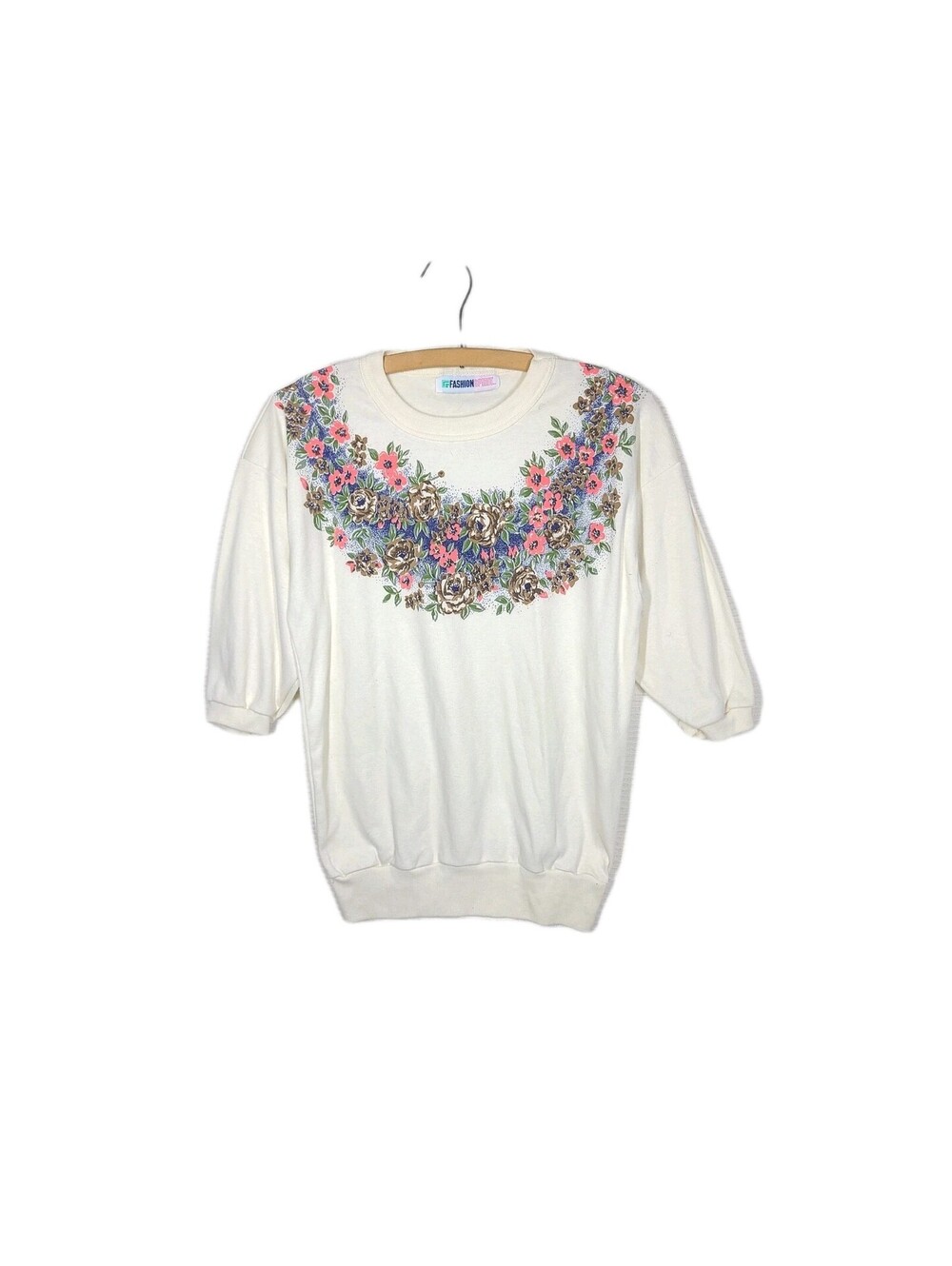 90s Cotton Tshirt XXL Floral Yoke Puff Paint Wreath Grandma Wide Shoulder Flower